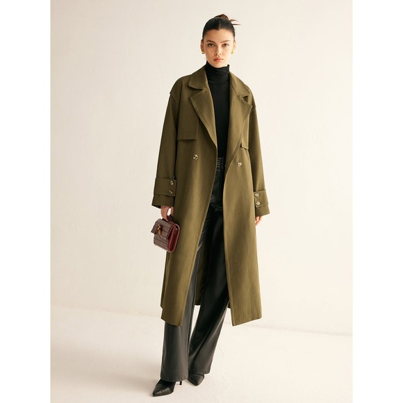 Commense Olive Green Trench Coat Longline Double Breasted Belted Classic Style - Picture 1 of 6